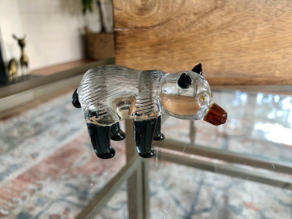 Small Handblown Glass Black and White Bear, Yellow eyes, Handmade Glass Animal